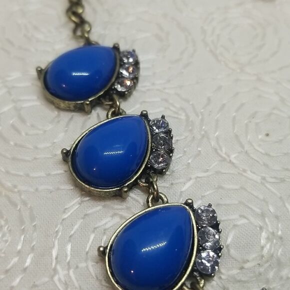 J.Crew Blue Necklace Oval Drop Rhinestone Link Station Statement Antique Gold - Picture 6 of 9